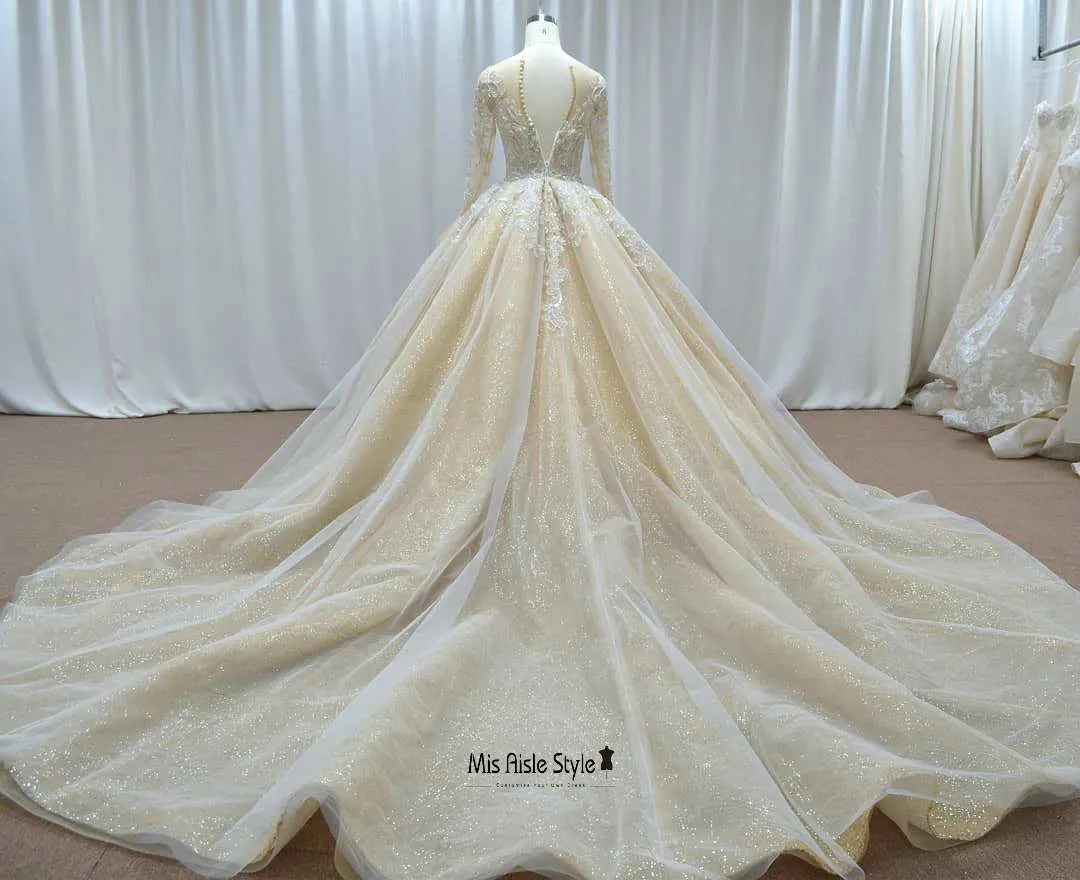 Ball Gown Long Sleeves Sparkle Gold Wedding Dress