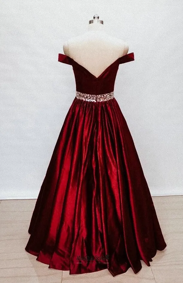 Ball Gown Off Shoulder Sleeves Burgundy Prom Dress