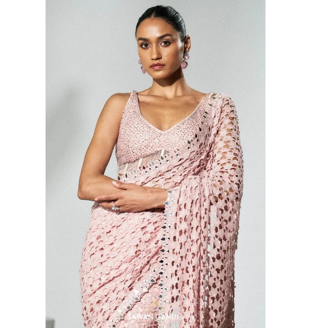 Blush Pink Cutdana Cutwork Sari Set