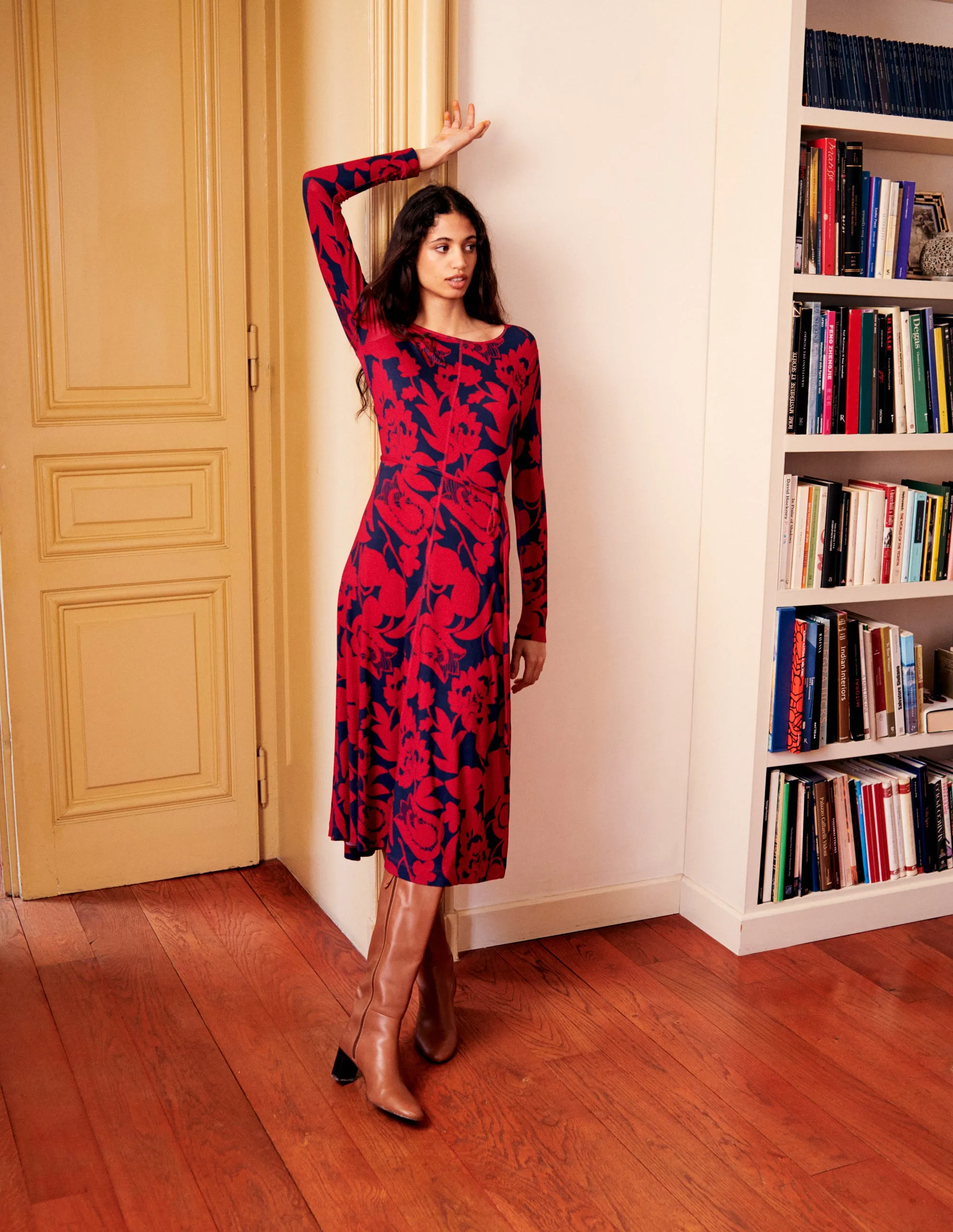 Lucy Jersey Midi Dress-Warm Cranberry, Tulip Bloom