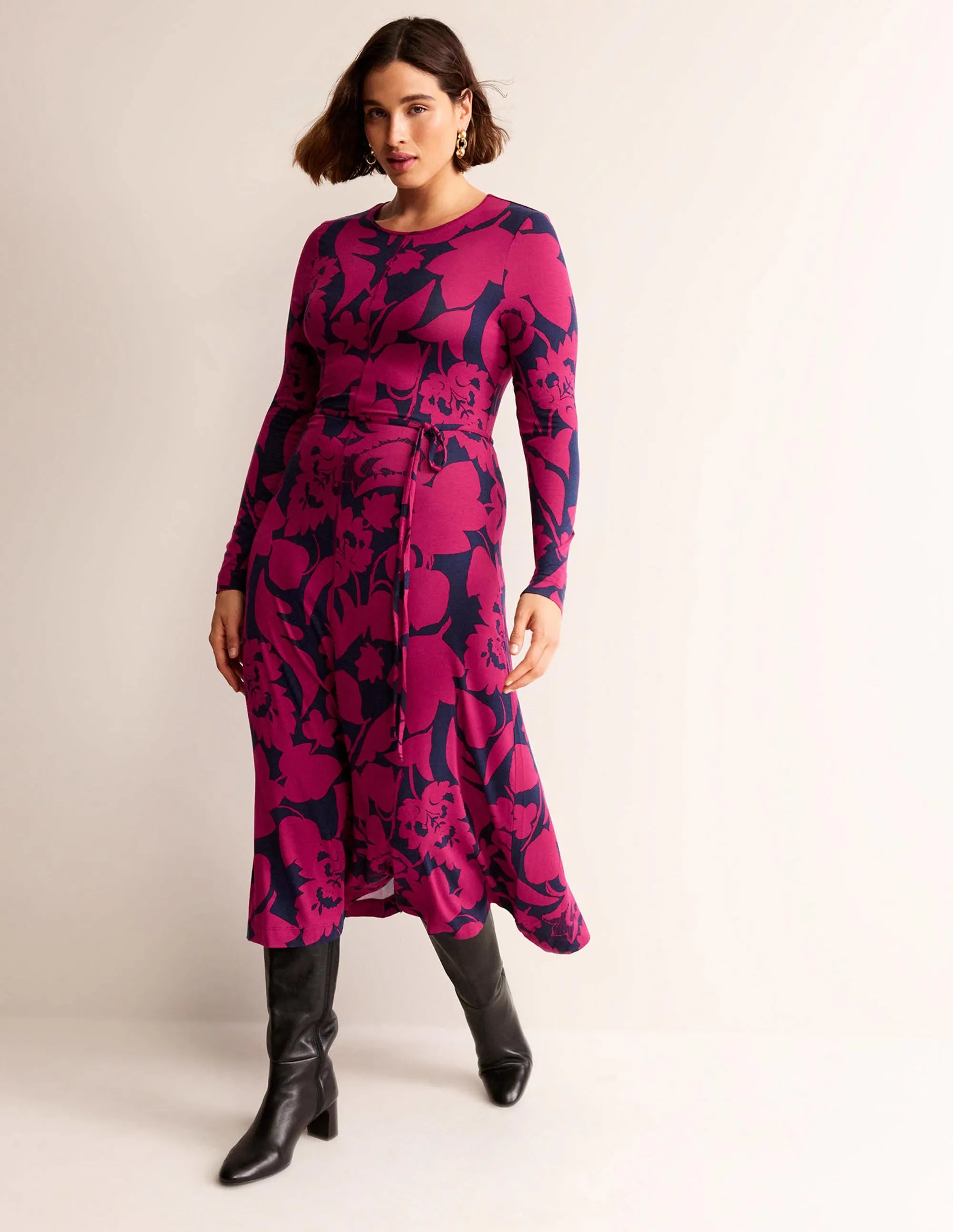 Lucy Jersey Midi Dress-Warm Cranberry, Tulip Bloom