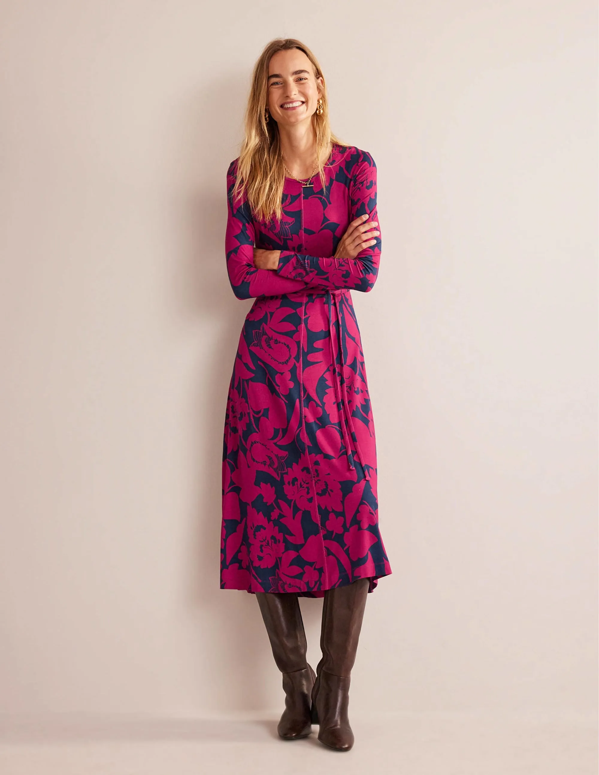 Lucy Jersey Midi Dress-Warm Cranberry, Tulip Bloom